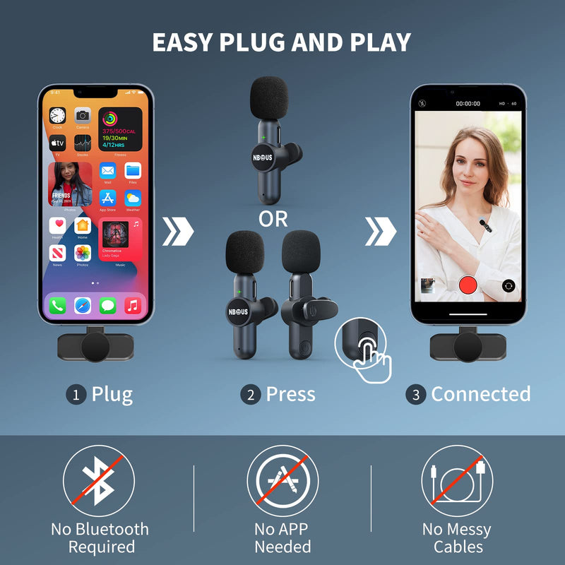 NBtoUS Wireless Lavalier Microphone for iPhone iPad Android (2 Mics and 2 Receivers) 65FT 6H Working Time，Plug-Play Low Latency Wireless Microphones for Video TikTok Facebook (20W PD3.0 Fast Charger 6.7*3.54*2.95inch with 20W charger
