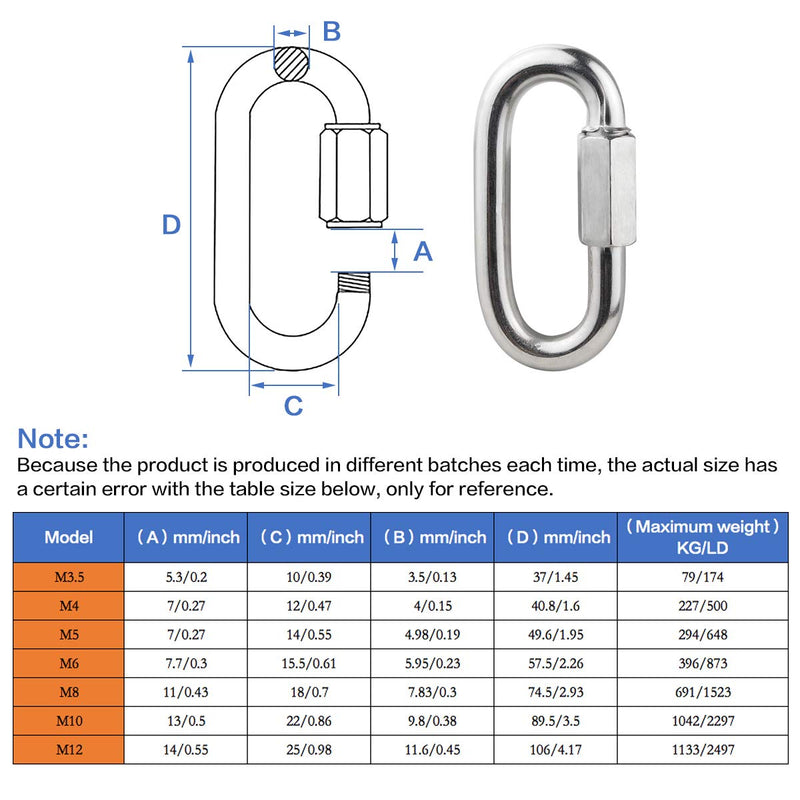 BNYZWOT 304 Stainless Steel Quick Links D Shape Locking Quick Chain Repair Links M10, 3/8 inch Pack of 4