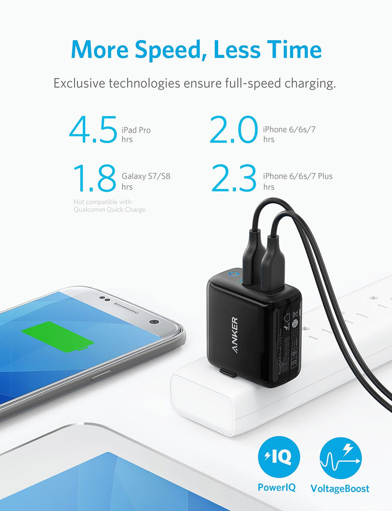 Anker Dual USB Wall Charger, PowerPort II 24W, Ultra-Compact Travel Charger with PowerIQ Technology and Foldable Plug, for iPhone XS/Max/XR/X/8/7/6/Plus, iPad Pro/Air 2/mini 4, Galaxy S9/S8/+ and More Black