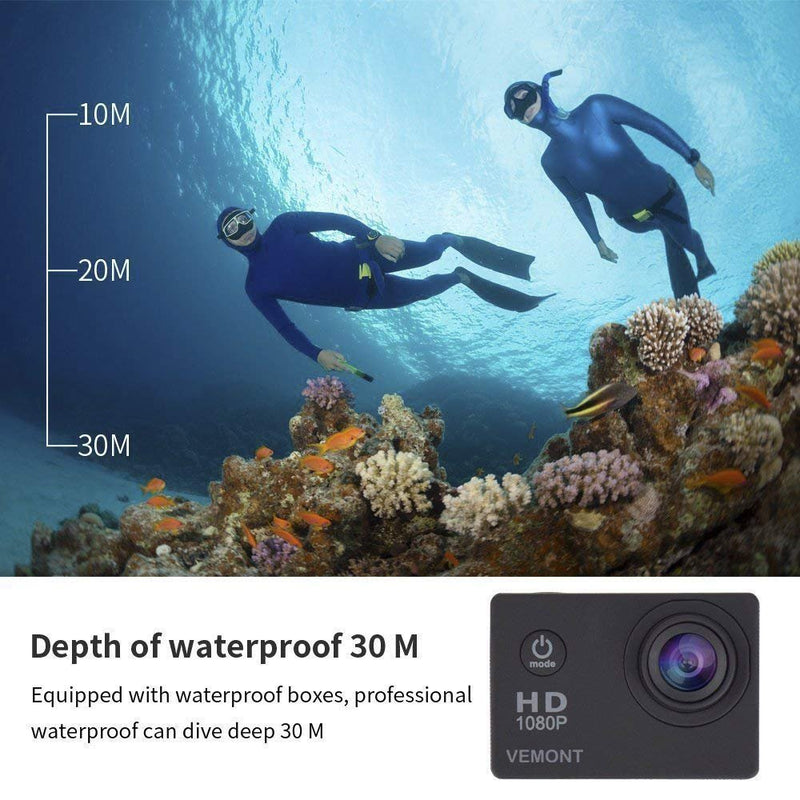 VEMONT Action Camera 1080P 12MP Sports Camera Full HD 2.0 Inch Action Cam 30m/98ft Underwater Waterproof Snorkel surf Camera with Wide-Angle Lens and Mounting Accessories Kit Black