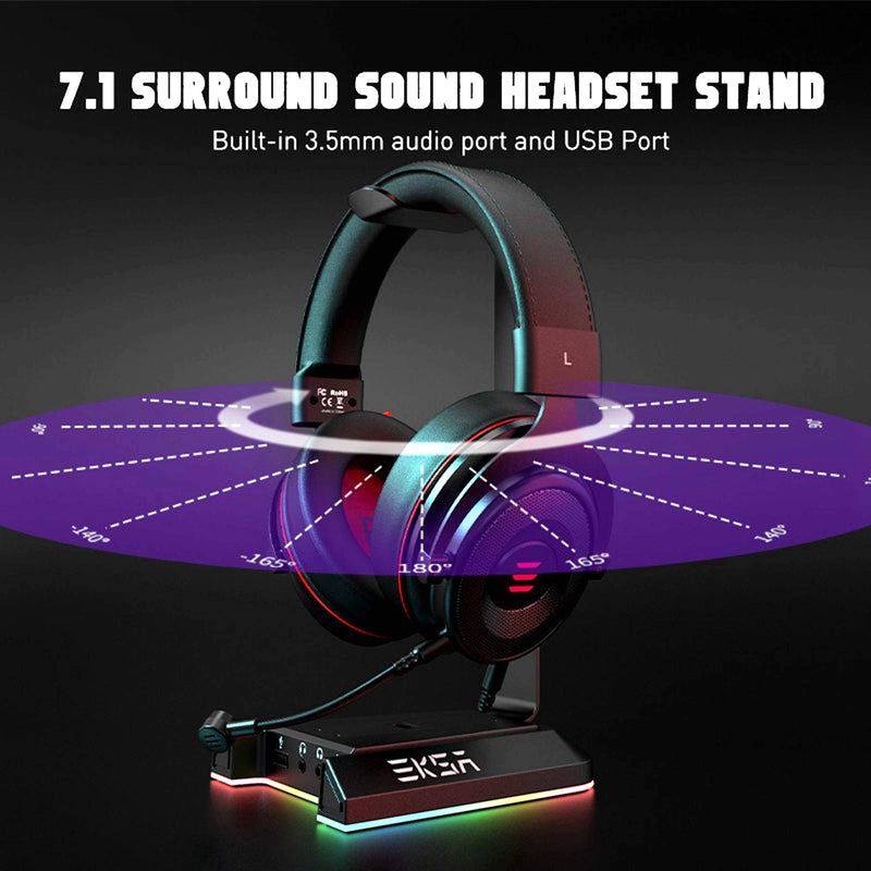 EKSA Gaming Headphone Headset Stand, Aluminum RGB Headset Headphone Stand Holder with USB Charger 7.1 Surround Sound and 3.5mm Port Fit for Gamers Gifts Desk Gaming Accessories