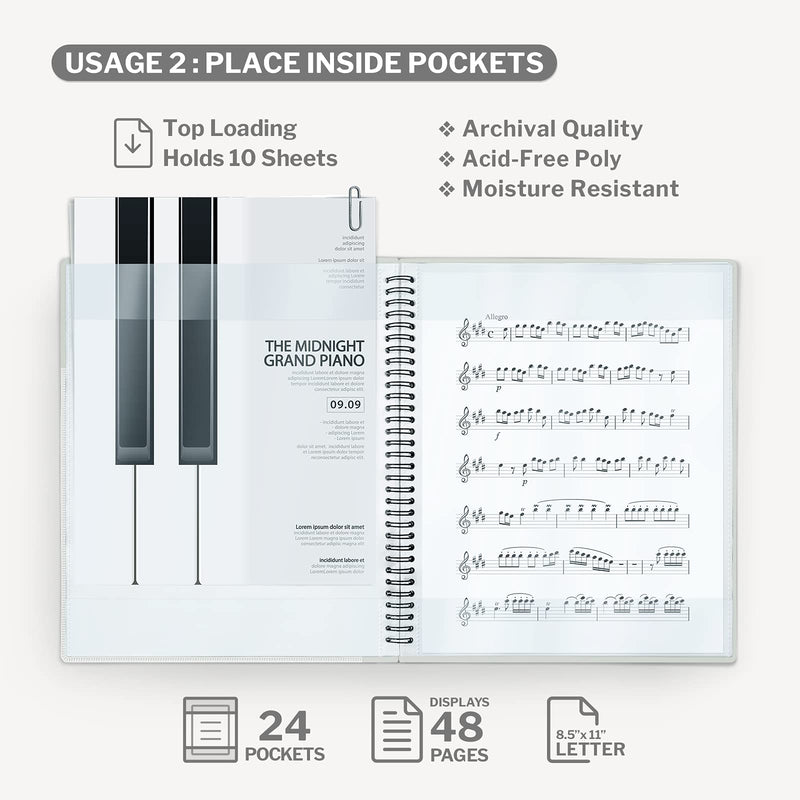 CRANBURY Sheet Music Folder 8.5x11 Binder - (Black), Spiral Bound Lies Flat with Writable Pages, Sheet Music Organizer for 8.5 x 11 Music Sheets, Easy Page Turn, 24 Pockets Display 48 Pages 1 Pack 8.5x11" Black