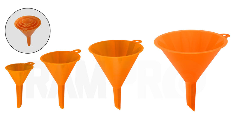 RAM-PRO 4-Piece All Purpose Wide-Mouth Bright Orange Plastic Funnel Set for Quick and Clean Transferring Liquids, Dry Goods, Between Pitchers, Bottles, Cans and Containers