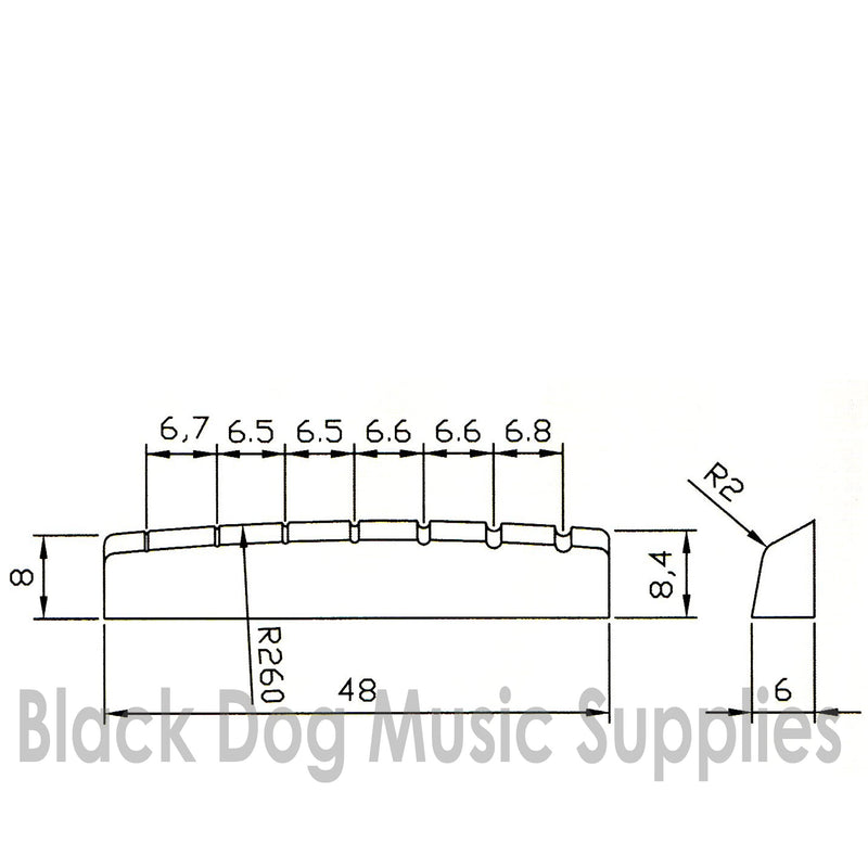 Seven string guitar top nut 48mm wide in white, Tough UREA resin