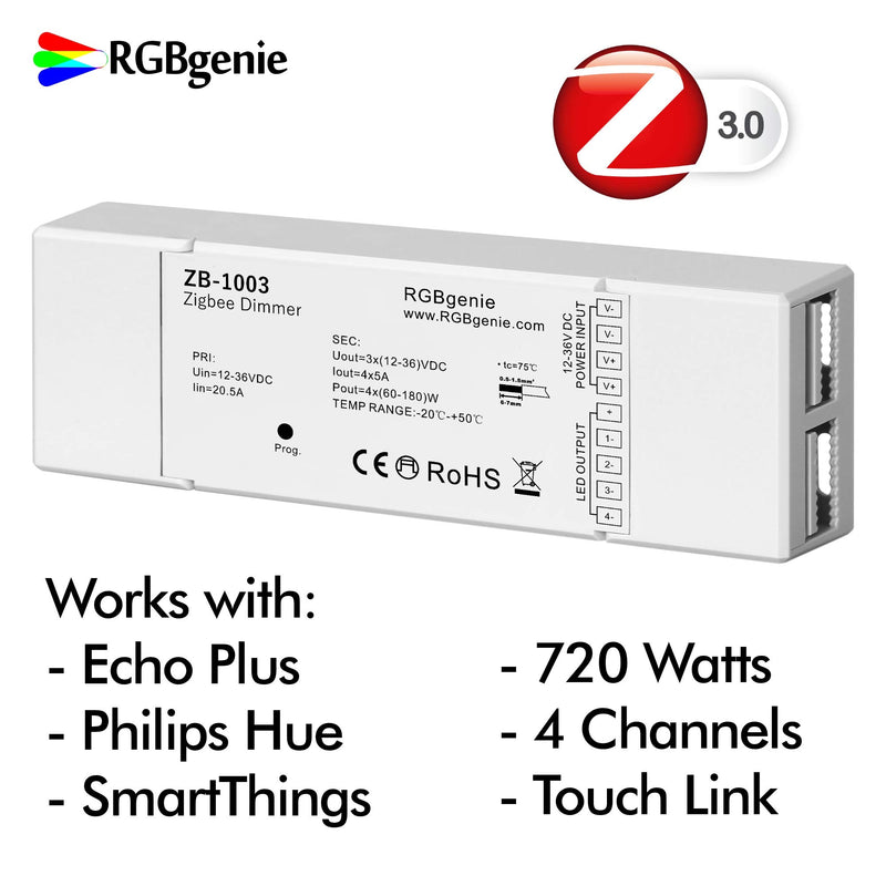 Zigbee LED Controller for LED Strip Lights. Dimmer and Repeater, 4 Channels at 5 Amps each, 720 Watts, RGBgenie ZB-1003