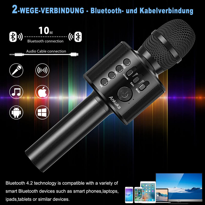 Ankuka Karaoke Wireless Microphones Speaker, 4 in 1 Handheld Portable Bluetooth Home KTV Player, Superior Audio Quality for Singing & Recording, Compatible with Android & iOS (Black) Black