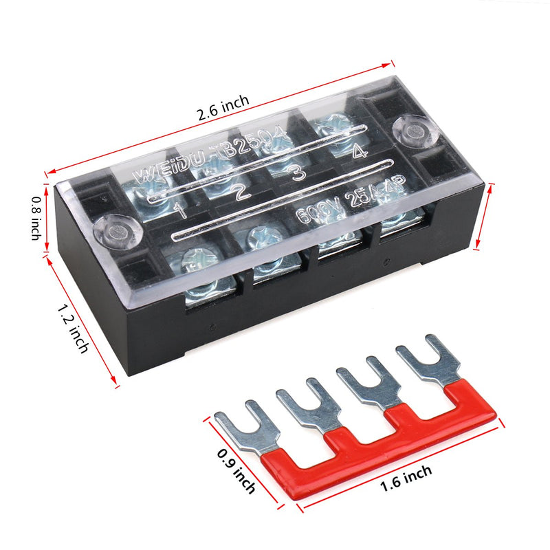 URBEST 5Pcs Terminal Block 4 Position Dual Row Screw Covered Strip 600V 25A with 400V 25A 4 Position Pre Insulated Terminal Barrier Strip Red/Black 10Pcs