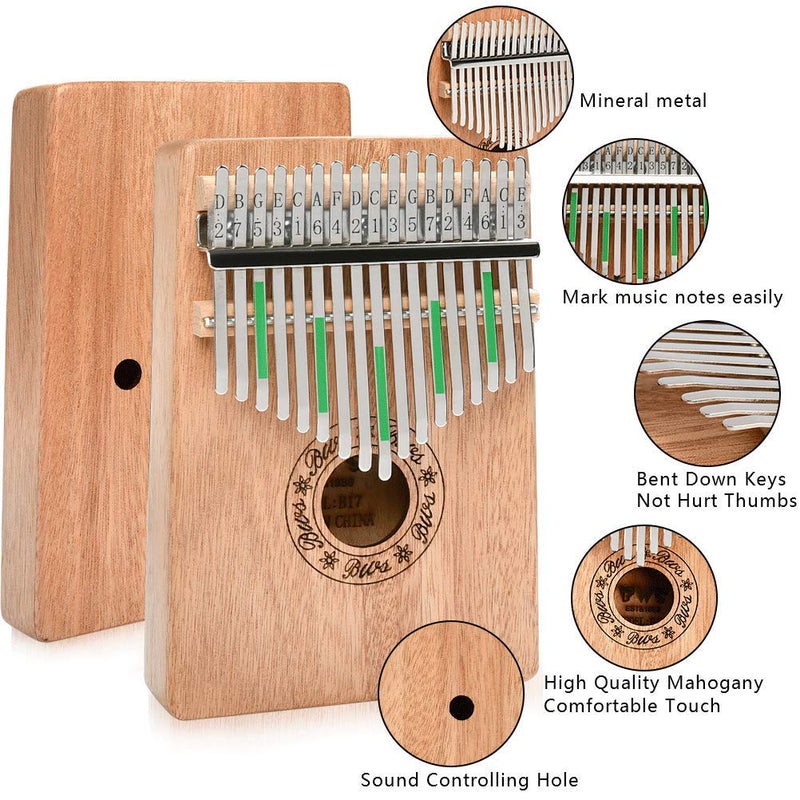 TIMESETL Kalimba 17 Keys Thumb Piano with Tune Hammer and Study Instruction, Solid Mahogany Wood Body Finger Piano Kalimba, Gift for Kids Adult Beginners Professional