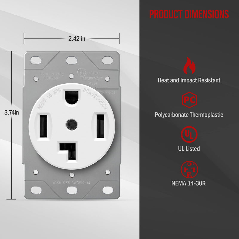 ENERLITES 66300-W-2PCS 30 Amp Dryer Receptacle Outlet, NEMA 14-30R | Residential Commercial Industrial Grade, Outdoor/Indoor, 3-Pole, 4 Wire, (10,8,6,4) AWG, | 125/250V, 66300-W, 2 Pack-White, 2 Count White