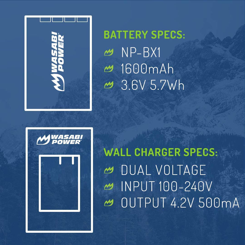 Wasabi Power NP-BX1 Battery (2-Pack) and Charger for Sony NP-BX1/M8, Cyber-Shot DSC-HX80, HX90V, HX95, HX99, HX350, RX1, RX1R II, RX100 (II/III/IV/V/VA/VI/VII), FDR-X3000, HDR-AS50, AS300, ZV-1, etc.