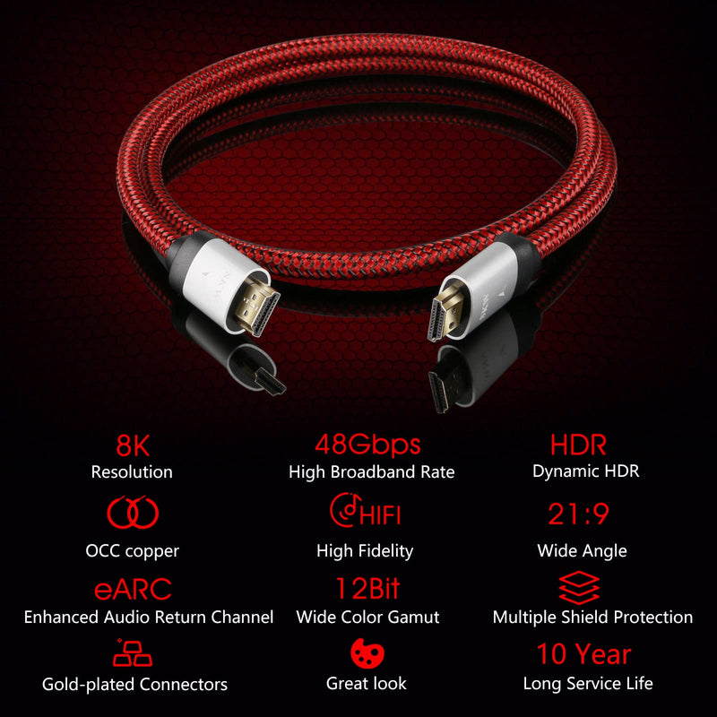 SKW Upgrade 8K Ultra-high-Speed HDMI 2.1 Cable, Single Crystal Copper 8K@60Hz 48gbps Braided HDMI Cord, Compatible with Xbox, PC, TV 6.5ft/2 Meter 2 Meter Upgrade-HDMI 2.1