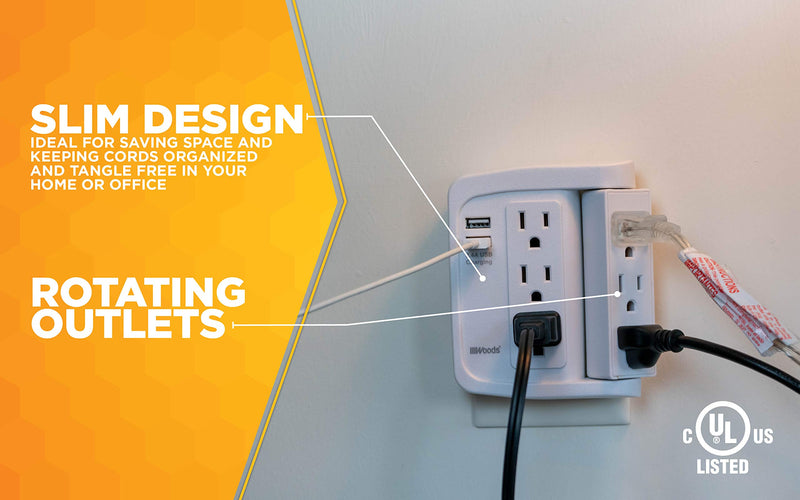 Woods 41424 6 Space Saver Swivel Wall Tap, 3 Rotating Outlets and 2 USB Ports, 500J and 2.4A, White 6 Outlets with 2 USB Ports