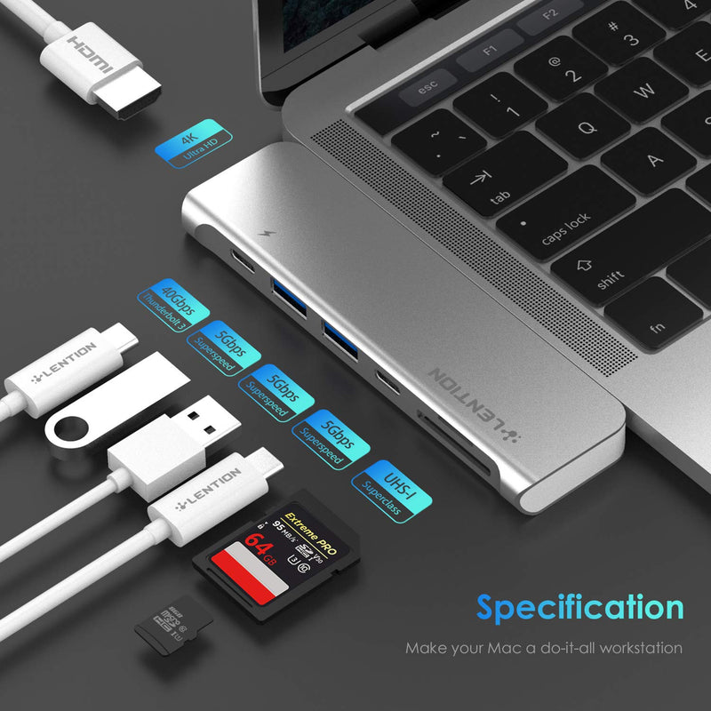 LENTION USB C Hub with 100W PD + 40Gbps USB C Port, 4K HDMI, 2 USB 3.0 and SD/Micro SD Card Reader Compatible 2021-2016 MacBook Pro 13/15/16, New Mac Air, Stable Driver Adapter (CB-CS64, Silver)
