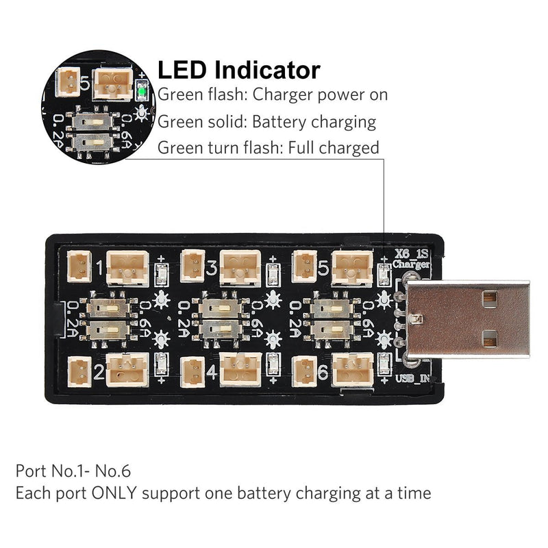 Upgrade 1S LiPo Battery USB 3.8V/4.35V Charger 6 Channel 1S LiHV Charger for EMAX Tinyhawk Blade Inductrix Tiny Whoop Inductrix FPV Plus Battery Micro JST 1.25 JST-PH 2.0 mCX mCPX Connectors