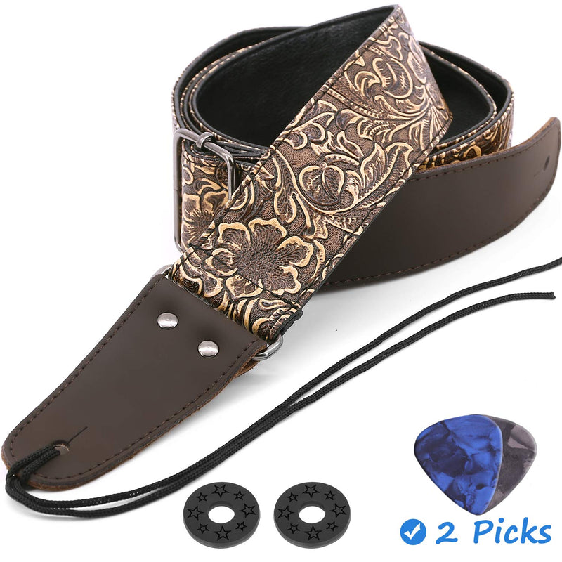 Guitar Strap, Stamped Leather Guitar Strap PU Leather Western Vintage 60's Retro Guitar Strap with Genuine Leather Ends for Electric Bass Guitar, with Tie,Include 2 Picks,Bronze Bronze