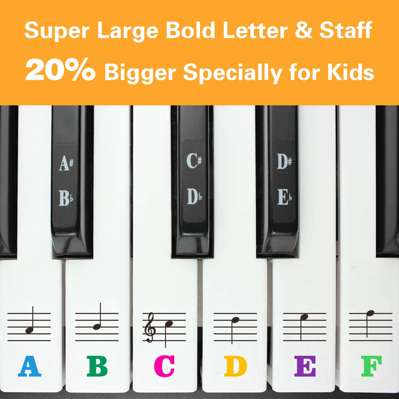 Piano Keyboard Stickers for 88/61/54/49/37 Key. Colorful Large Bold Letter Piano Stickers. Perfect for kids Learning Piano. Multi-Color,Transparent,Removable 88 Keys Large Letter Multi-Colored