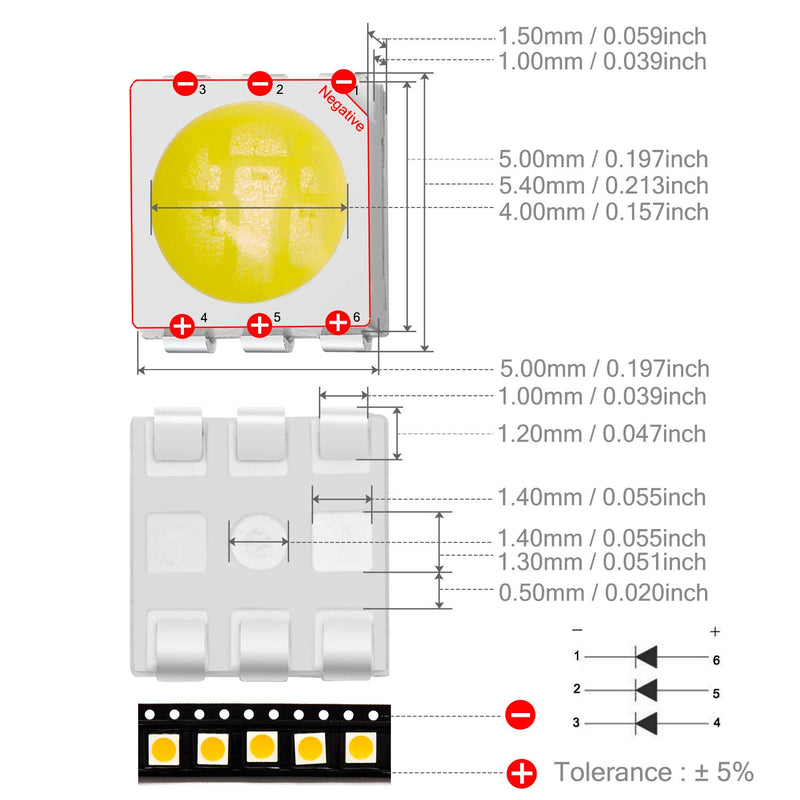 Chanzon 100 pcs 5050 White 6000K SMD LED Diode Lights (Surface Mount 5mm x 5 mm 3 Chips/LED PLCC 6 pins 60mA 15-18LM) Super Bright Lighting Bulb Lamps Electronics Components Light Emitting Diodes A) White (100pcs)