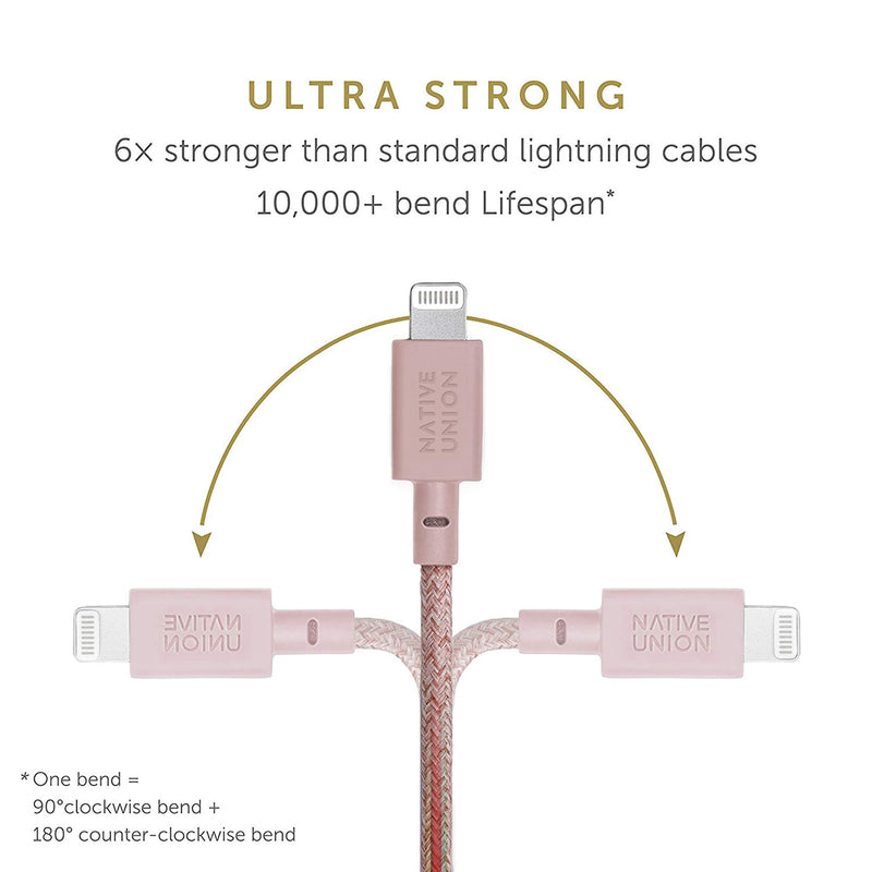 Native Union Belt Cable XL - 10ft Ultra-Strong Reinforced Durable USB-C to Lightning [MFi Certified] Charging Cable with Leather Strap Compatible with iPhone/iPad (Rose) Rose