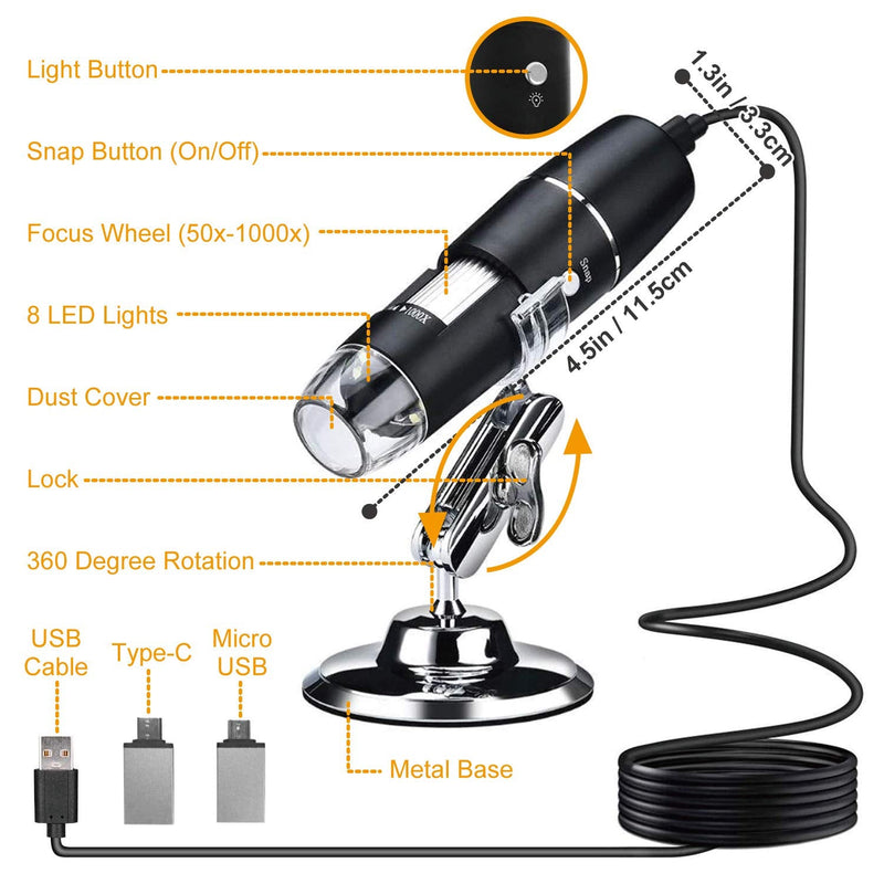 40 to 1000x Magnification Endoscope, 8 LED USB 2.0 Digital Microscope, Mini Camera with OTG Adapter and Metal Stand, Compatible with Mac Window 7 8 10 Android Linux