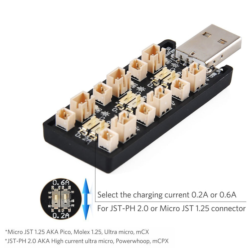 1S LiPo Battery USB Charger 3.7V/4.20V 6 Channel 1S LiPo Charger Tiny Whoop Blade Inductrix Micro JST 1.25 JST-PH 2.0 mCX mCPX Connectors