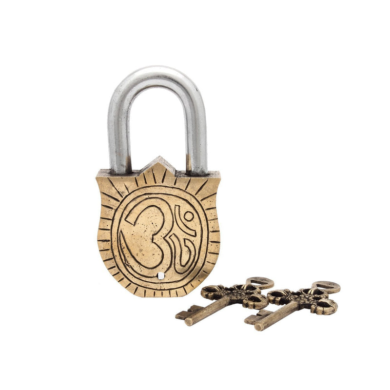 Purpledip Handmade Brass Antique Pad Lock with Maa Laxmi Idol,Medium (10465)