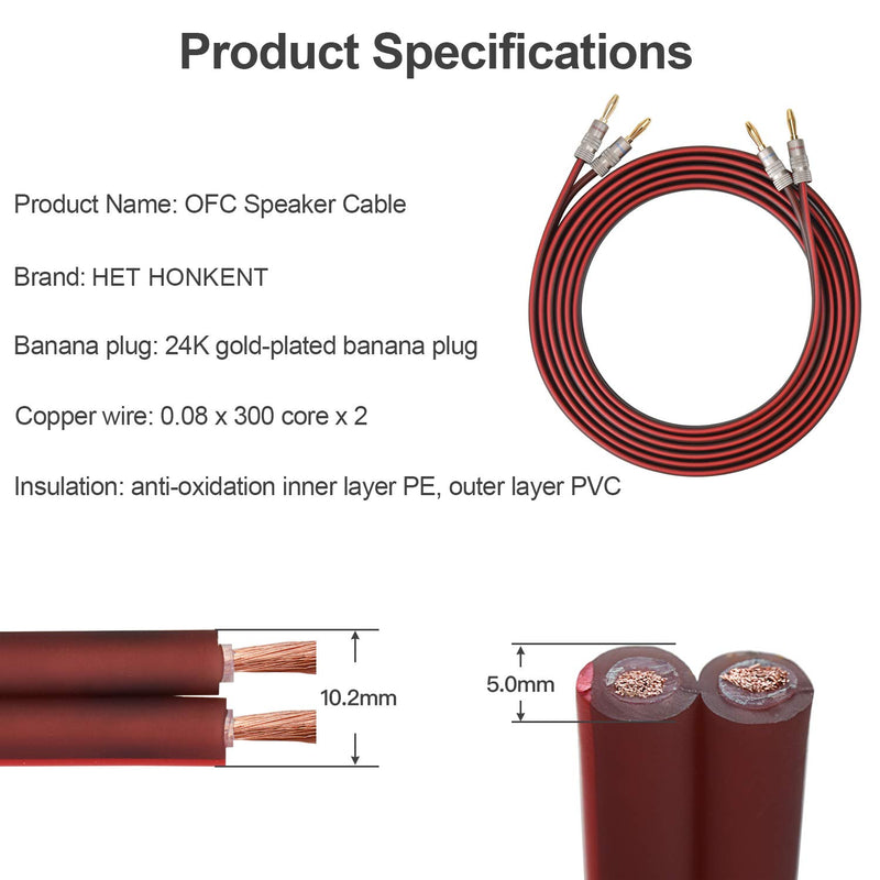 HET HONKENT HiFi OFC Speaker Wire, Speaker Cables, 12 AWG, 300X2 Strand Count, Banana Plug to Banana Plug … (1.5M(4.92ft) x2PCS) 1.5M(4.92ft) x2PCS