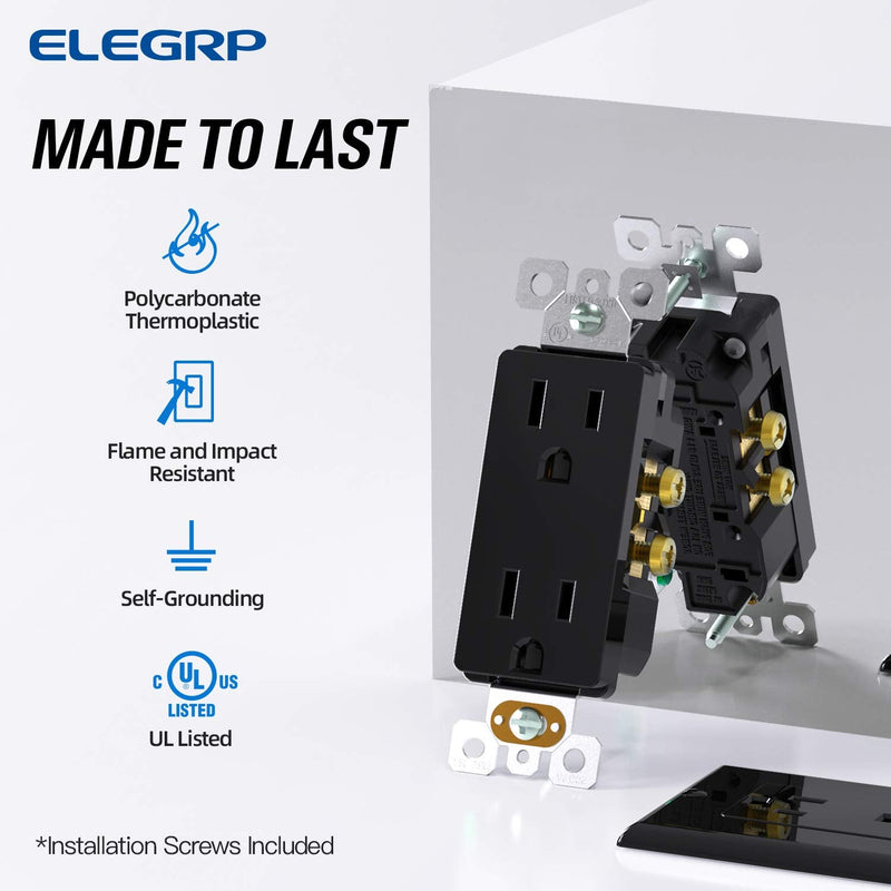 [AUSTRALIA] - ELEGRP Decorator Receptacle, 15A 125V Standard Electrical Wall Outlet, 2 Pole 3 Wire, No-Tamper Resistant, NEMA 5-15R, Self-Grounding Residential Grade Outlet, UL (Glossy Black, 10 Pack) Non Tamper Resistant 