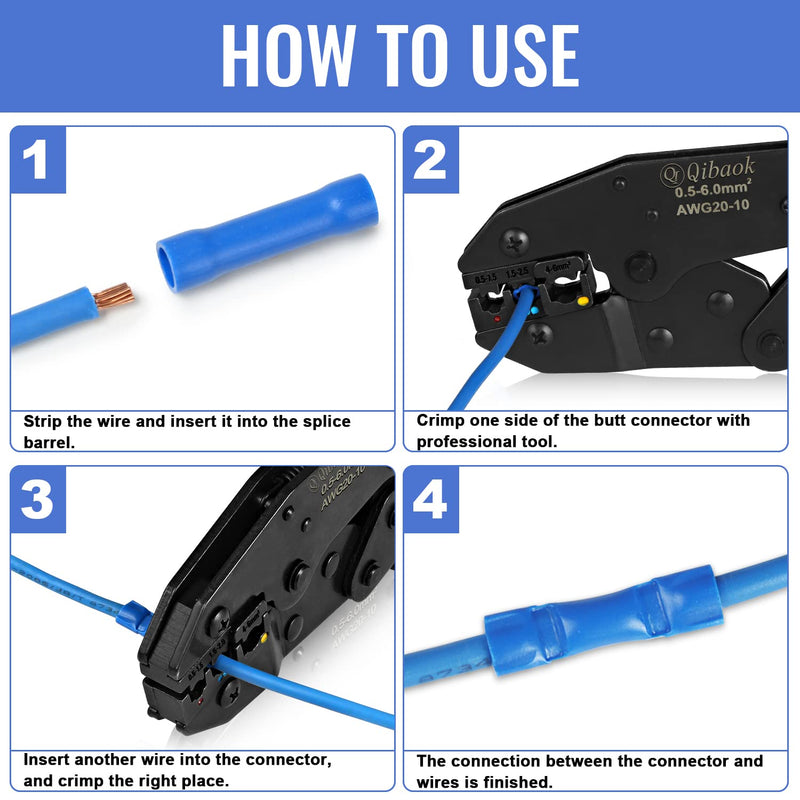 Qibaok 300 PCS Butt Splice Crimp Connectors Insulated Electrical Straight Wire Terminal Connectors 10-22AWG 1