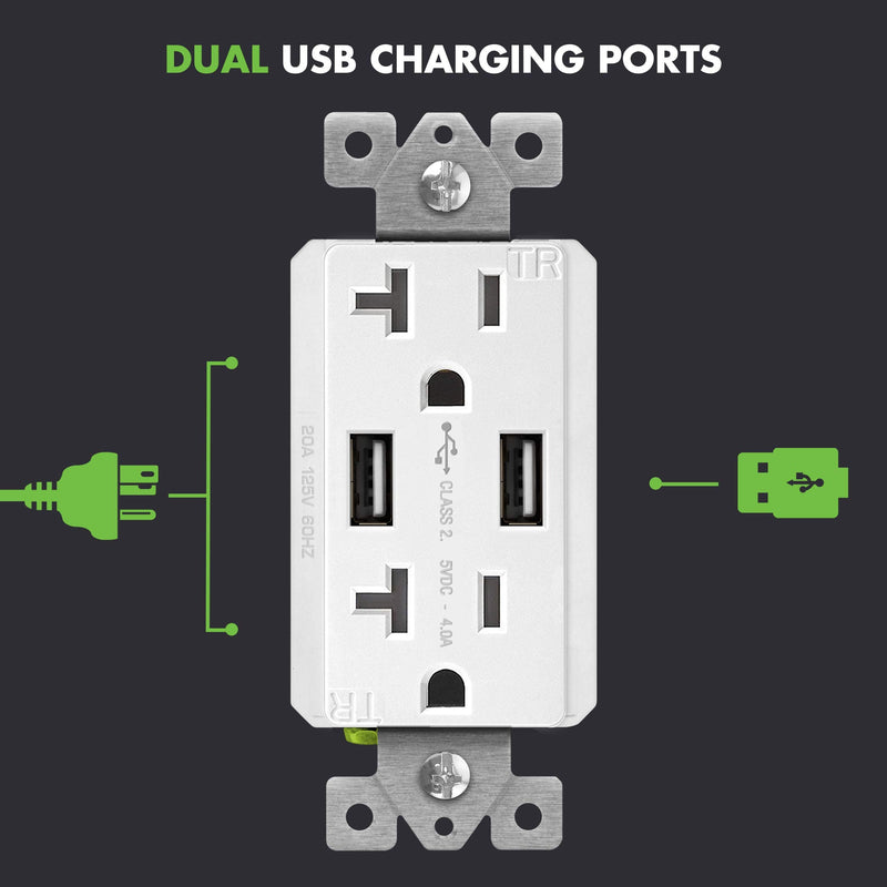 TOPGREENER USB Wall Outlet 4A USB Outlet, 20A TR Receptacle, Compatible with iPhone SE/11/XS/XR/X/8, Samsung Galaxy S20/S10/S9/Note, LG, HTC & More, TU2204A, White 20amp Type A