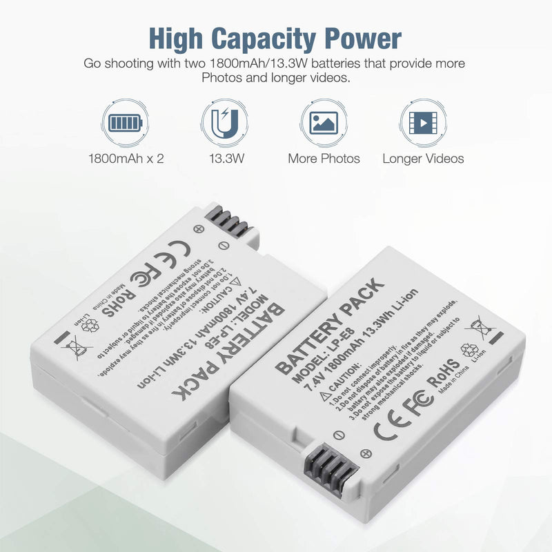 LP-E8 Battery 1800mAh Li-ion Replacement Batteries 2 Packs and Dual Rapid Charger for Canon Rebel T3i, T2i, T4i, T5i, EOS 600D, 550D, 650D, 700D, Kiss X5, X4, Kiss X6 Digital Camera