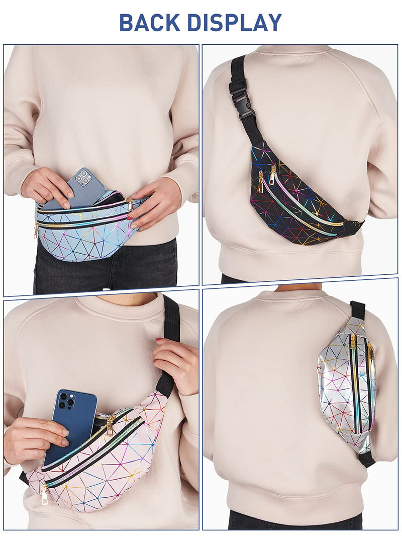 LIVACASA Holographic Fanny Packs for Women Cute Black Waist Packs Shiny Waist Bum Bag Waterproof for Travel Party Festival Running Hiking 12.2''x 5.1''x 3.1''