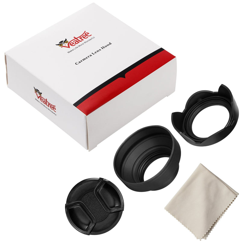 [AUSTRALIA] - Veatree 52mm Lens Hood Set, Collapsible Rubber Lens Hood with Filter Thread + Reversible Tulip Flower Lens Hood + Center Pinch Lens Cap + Microfiber Lens Cleaning Cloth 