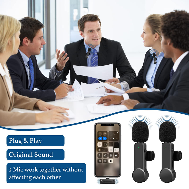 2Pcs Wireless Microphone for iPhone iPad, Plug-Play Wireless Lavalier Microphone for Video Recording, TikTok, YouTube, Vloggers, Auto-Sync Noise Reduction Wireless Lapel Mic