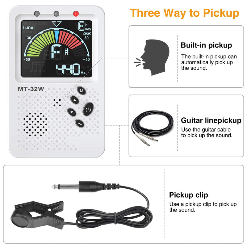 Guitar Tuner Metronome, LEKATO Rechargeable Guitar Tuner 3 in 1 Digital Metronome with Human Voice Beat, LED Color Display Multifunction Tuner for Guitar, Bass, Violin, Ukulele, Chromatic and Trumpet White