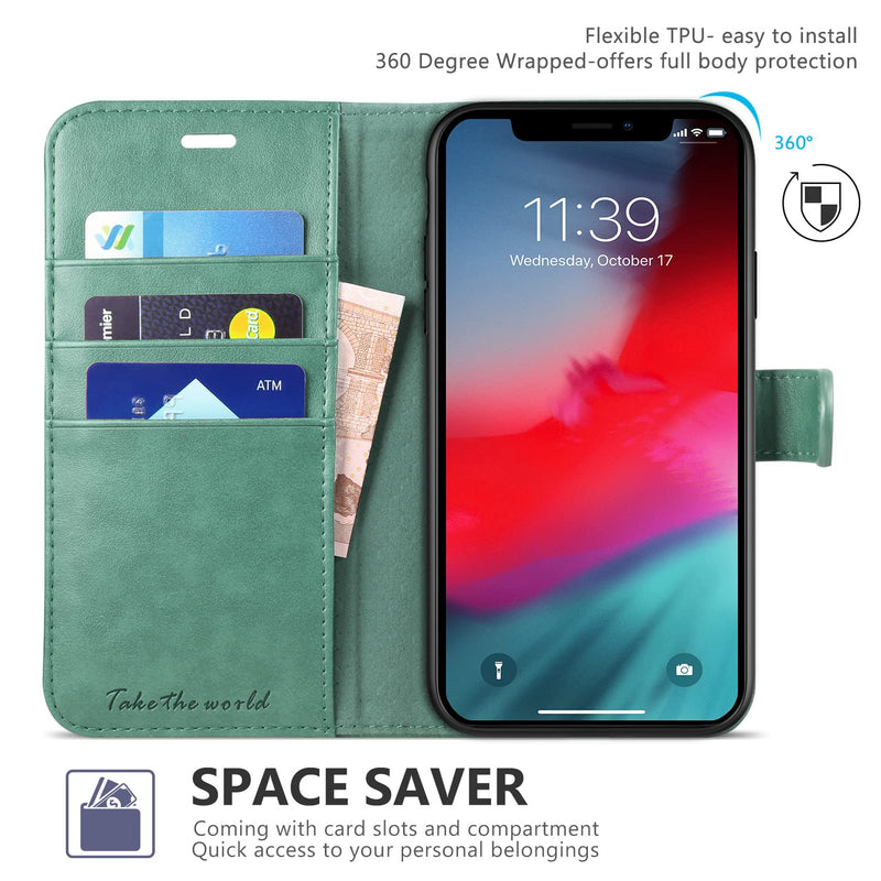 [AUSTRALIA] - TUCCH iPhone XR Wallet Case, iPhone XR Case, Premium PU Leather Flip Cover [Shockproof TPU Shell] with Stand RFID Blocking Credit Card Slot Wireless Charging Compatible with iPhone XR, Myrtle Green 