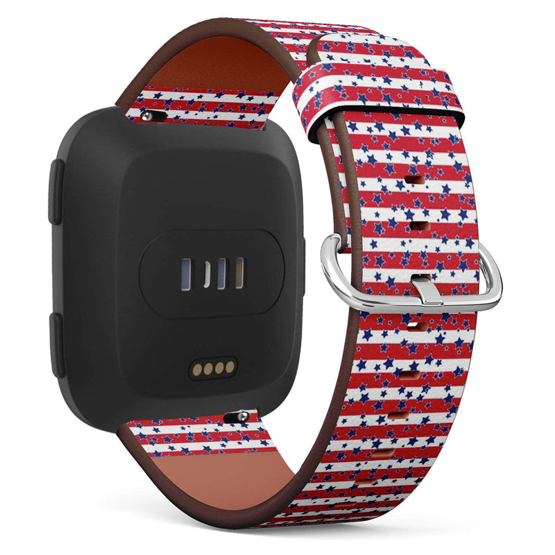 Compatible with Fitbit Versa, Versa 2, Versa Lite, Leather Replacement Bracelet Strap Wristband with Quick Release Pins // American Patriotic Stars Stripes