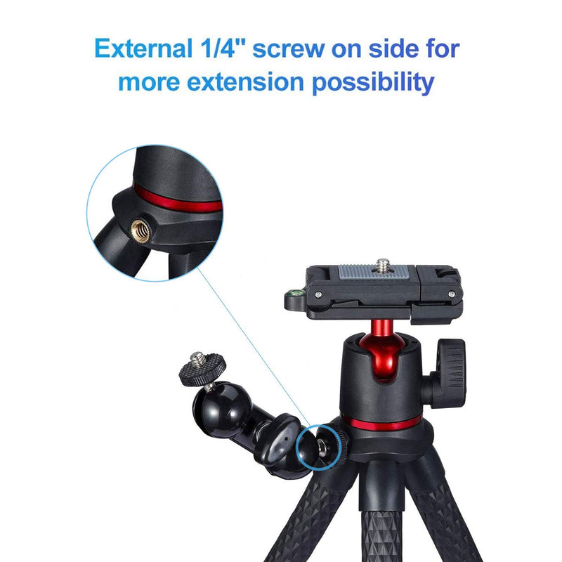 Camera Tripod, Mini Flexible Tripod Stand with Hidden Phone Holder w Cold Shoe Mount, 1/4'' Screw for Magic Arm, Universal for iPhone 11 Pro Max XS Max X 8 7 Samsung Canon Nikon Sony Cameras