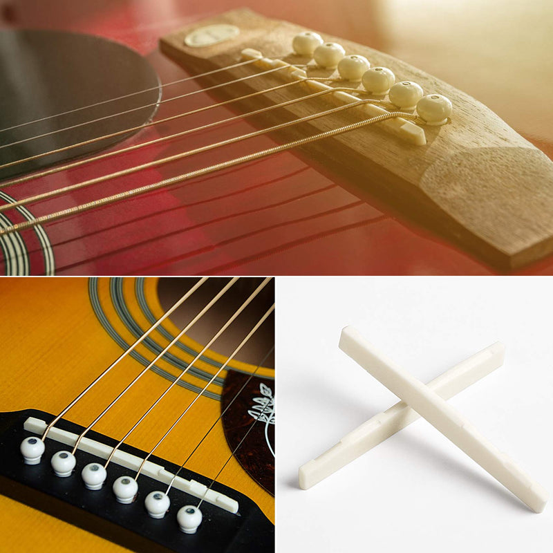 OIIKI Guitar Bridge Saddle, 2 Sets 4 PCS 6 String Acoustic Bone Bridge Saddle and Nut, Slotted Bridge Saddle Nut Replacement & Accessories Made of Real Bone for Acoustic Guitar