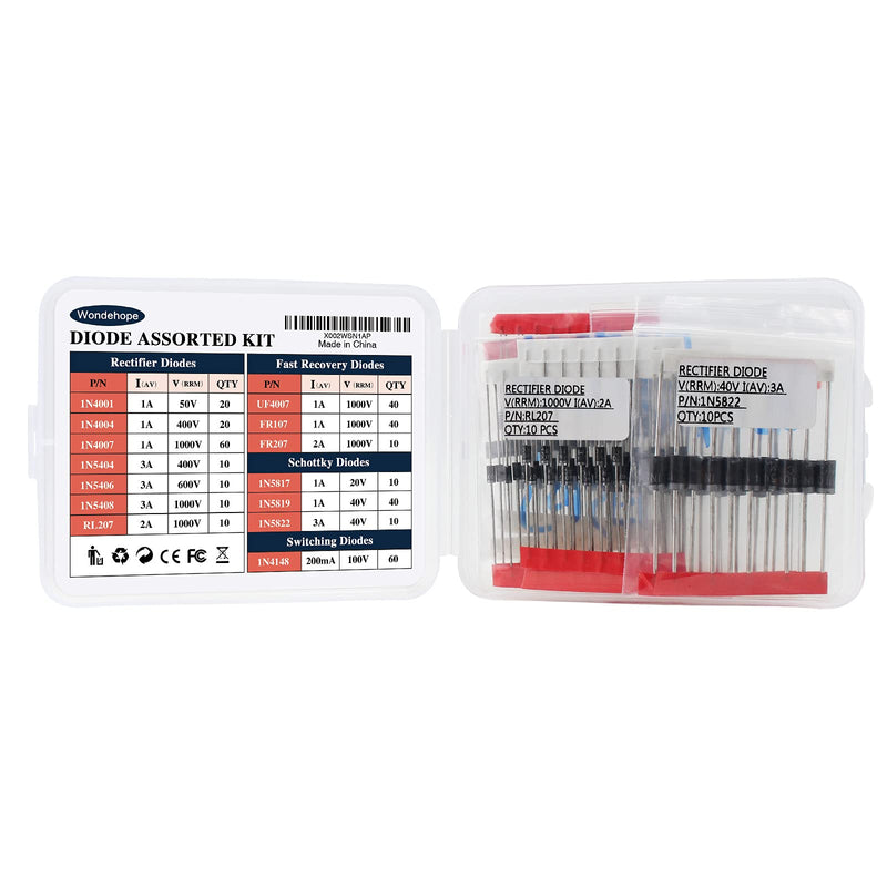 14 Value 350 Pcs Diode Kit, Rectifier/Fast Recovery/Switching/Schottky Assortment Diodes Kit, 1N4001 1N4004 1N4007 1N4148 1N5404 1N5406 1N5408 RL207 FR107 FR207 UF4007 1N5817 1N5819 1N5822