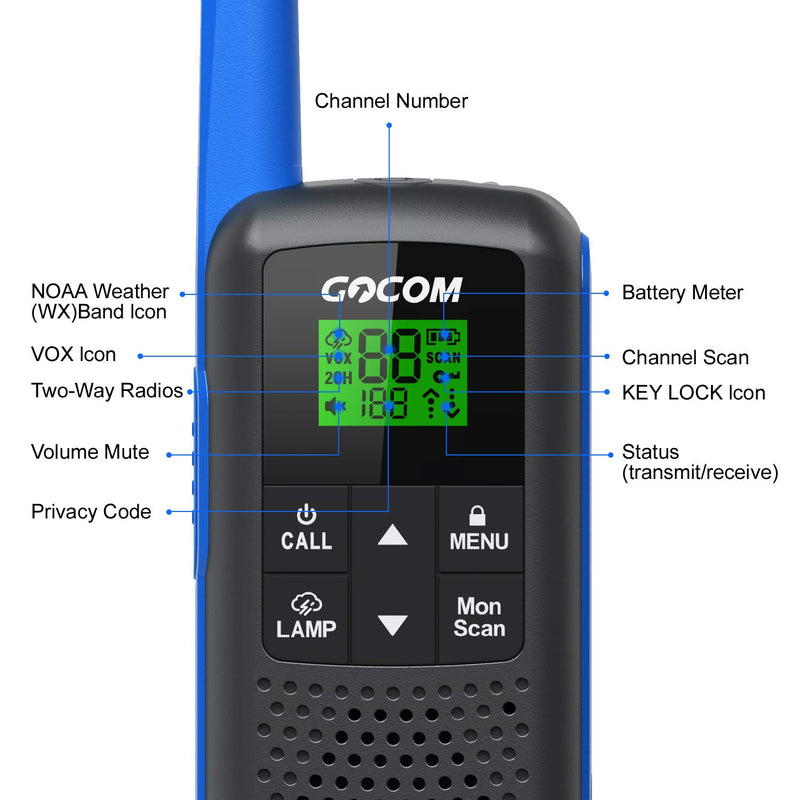 GOCOM G600 FRS Walkie Talkies for Adults 2W Long Range Two Way Radio Rechargeable, VOX Scan, NOAA & Weather Alerts, LED Lamplight 2pack Hand held radios