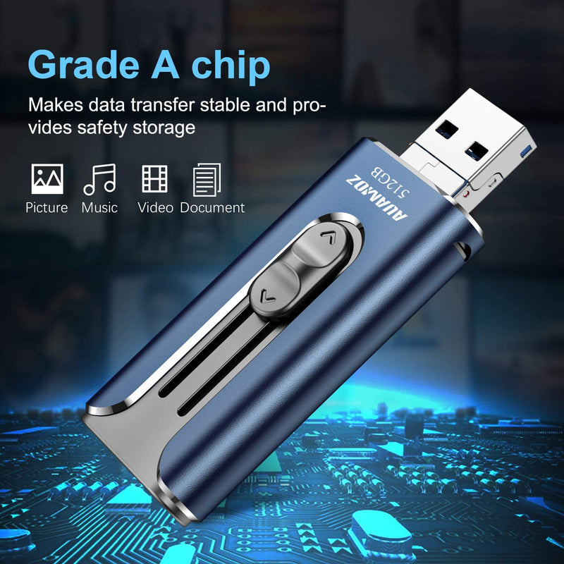 USB 3.0 Flash Drives 512GB, AUAMOZ Memory Drive 512GB Photo Stick Compatible with Smart Phone & Computers, Phone External Flash Expandable Photo Storage Drive, Take More Photos & Videos (Sea Blue) USB 3.0-512GB-Sea Blue