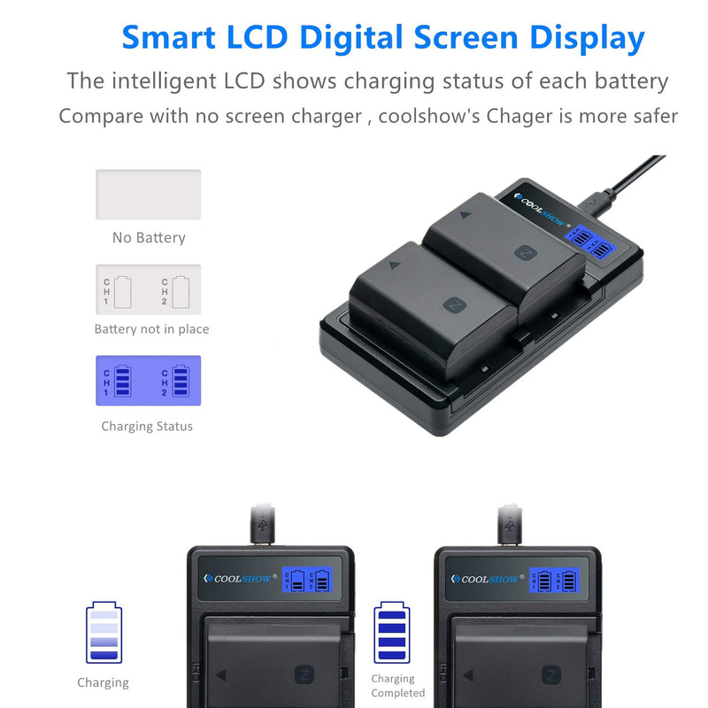 COOLSHOW NP-FZ100 Battery Replacement 2 Pack and FZ100 Battery Dual LCD Charger for Sony Alpha 9,A9,Alpha 9R,A9R,Alpha 9S, BC-QZ1,A7RIII,A7R3,a7 III,a7R IV Digital Camera