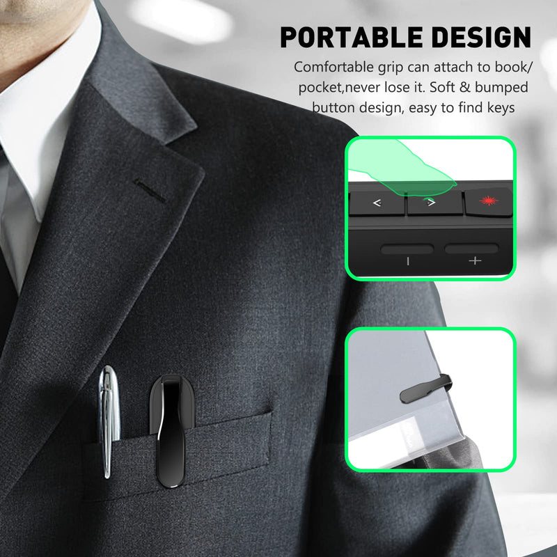 Presentation Clicker Green Laser Pointer, Rechargeable PowerPoint Clicker Wireless Presenter Remote, RF 2.4GHz USB Presentation Pointer Slide Advancer with Hyperlink Volume Control for Mac Computer Q91 Green Light