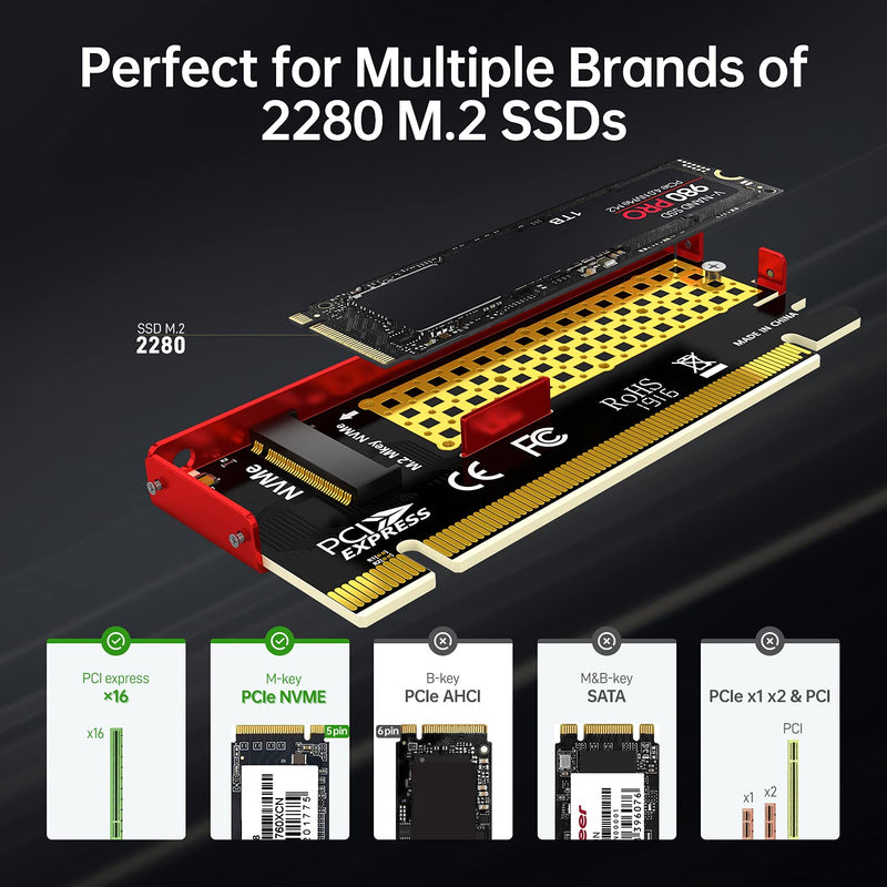 AMPCOM M.2 M Key Nvme SSD to PCI-e Adapter, PCI Express X16 Card with Aluminum Case, Supports Windows 7/8/ 10, Supports 2280