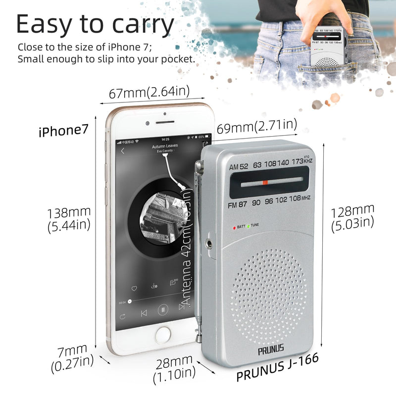 PRUNUS J-166 Portable Radio AM FM, Battery Operated Radio with Tuning Light, Back Clip, Excellent Reception for Indoor & Outdoor & Emergency Radio, AM FM Radio Portable, Transistor Radio Silver