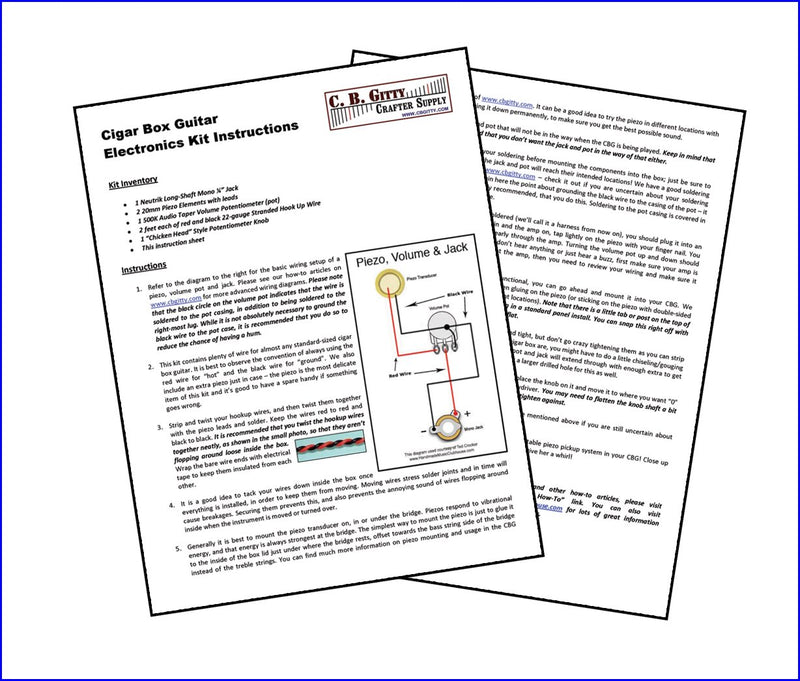 Do-it-Yourself Piezo Pickup Kit for Cigar Box Guitars - includes piezoelectric contact pickups, volume potentiometer and jack