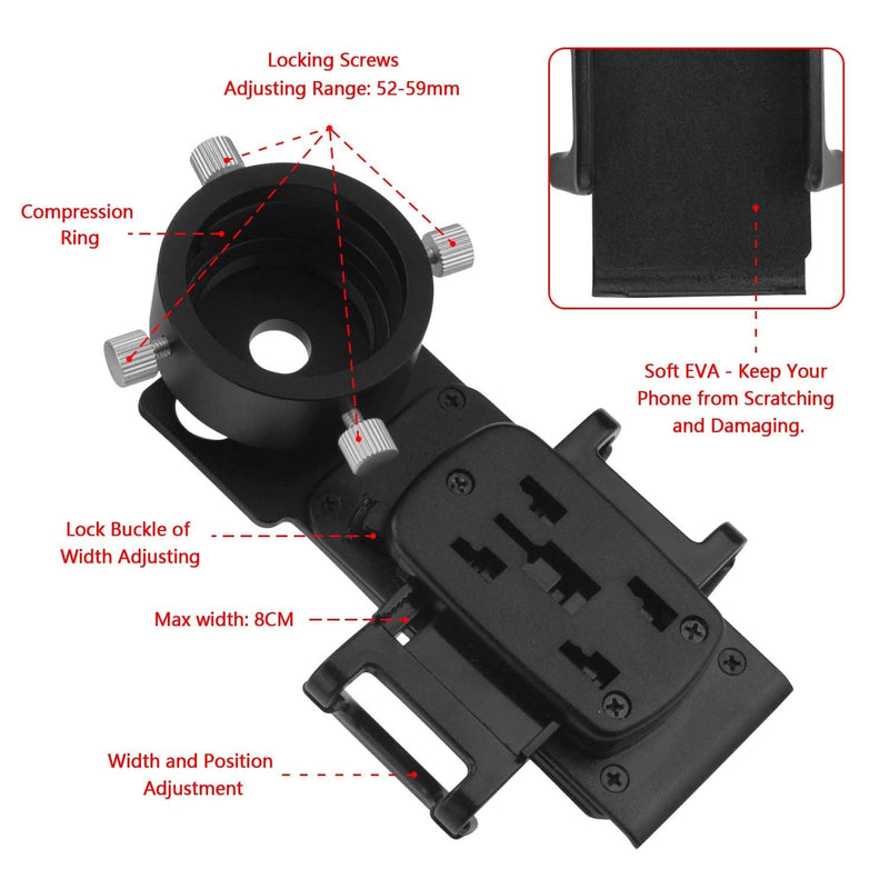 Astromania Smartphone iPhone Adapter with T2 Thread and Eyepiece Adapter 52-59mm - for Photography with telescopes and Spotting Scope or Binoculars IPhone and Eyepiece Adapter 52 - 59mm