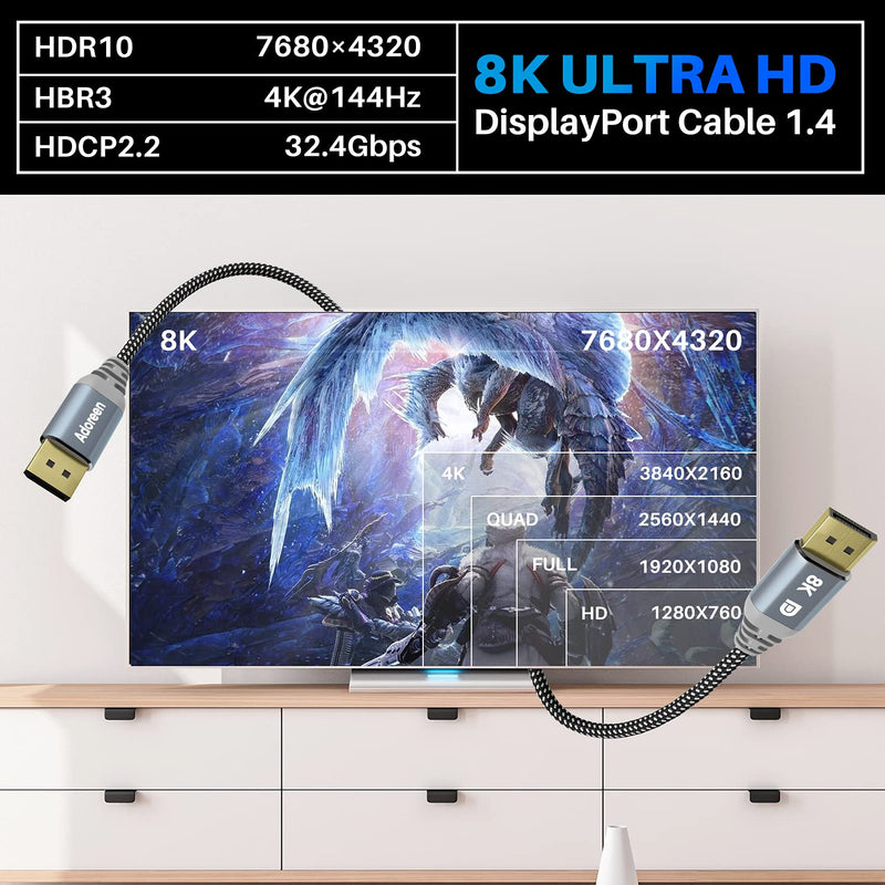 8K DisplayPort Cable 15 feet,Adoreen Braided DP to DP 1.4 Cord(from 1.5 to 30ft) 8K@60Hz 4K@144Hz 2K@165Hz 1080p@240HZ,HBR3 HDCP 2.2 Display Port for PC Monitor 3090 Graphics with 5 Ties-NOT HDMI 15ft-1PK