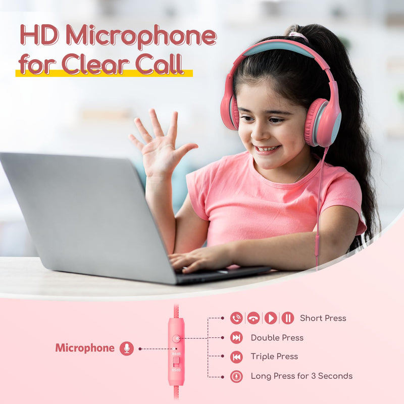 EarFun Kids Headphones Wired with Microphone, 85/94dB Volume Limit Headphones for Kids, Portable Wired Headphones with Shareport, Stereo Sound Foldable Headset for School/Tablet/iPad/Kindle Pink Pink Blue