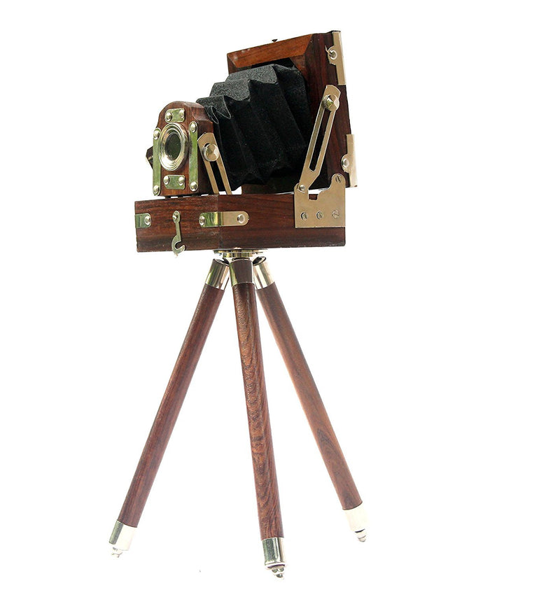 Vintage Antique Look Film Camera Deco on Wooden Tripod Collectible Studio Gift Item Nickle Color…